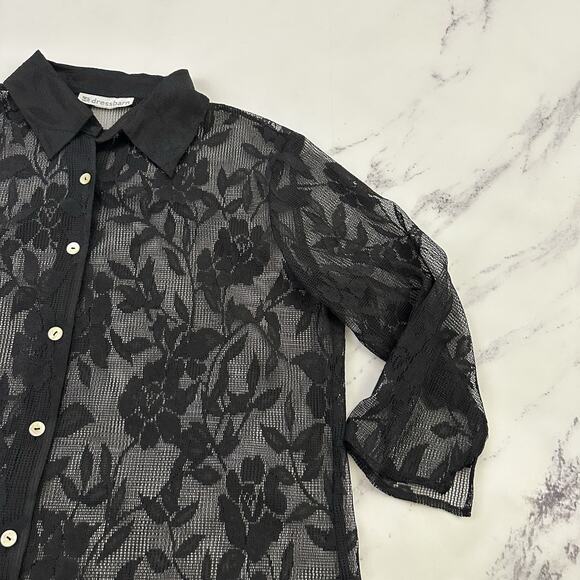 Fashion Bug Womens Vintage Y2k Lace Top Size L Black Sheer Floral Button Up - Picture 3 of 11